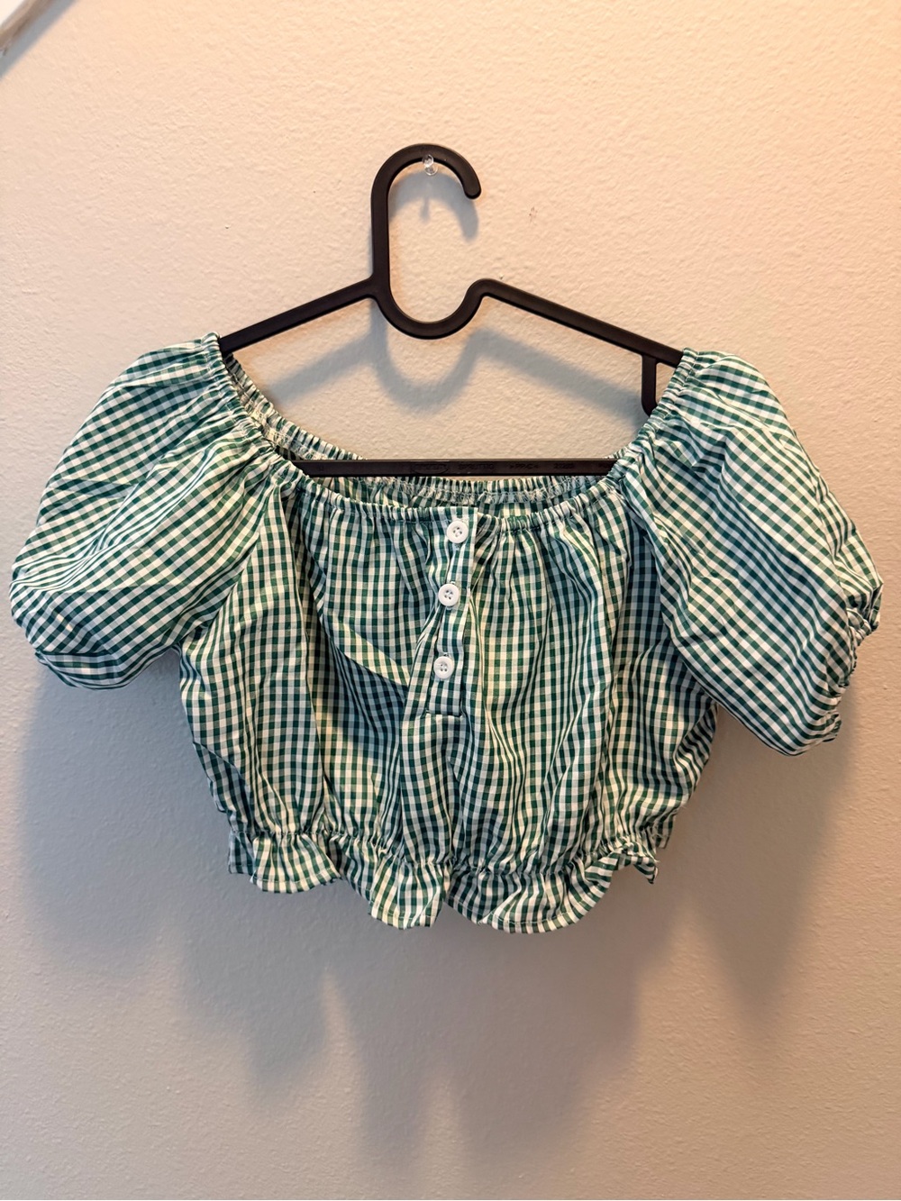 SHEIN Green Gingham Off-Shoulder Puff-Sleeve Crop Top
